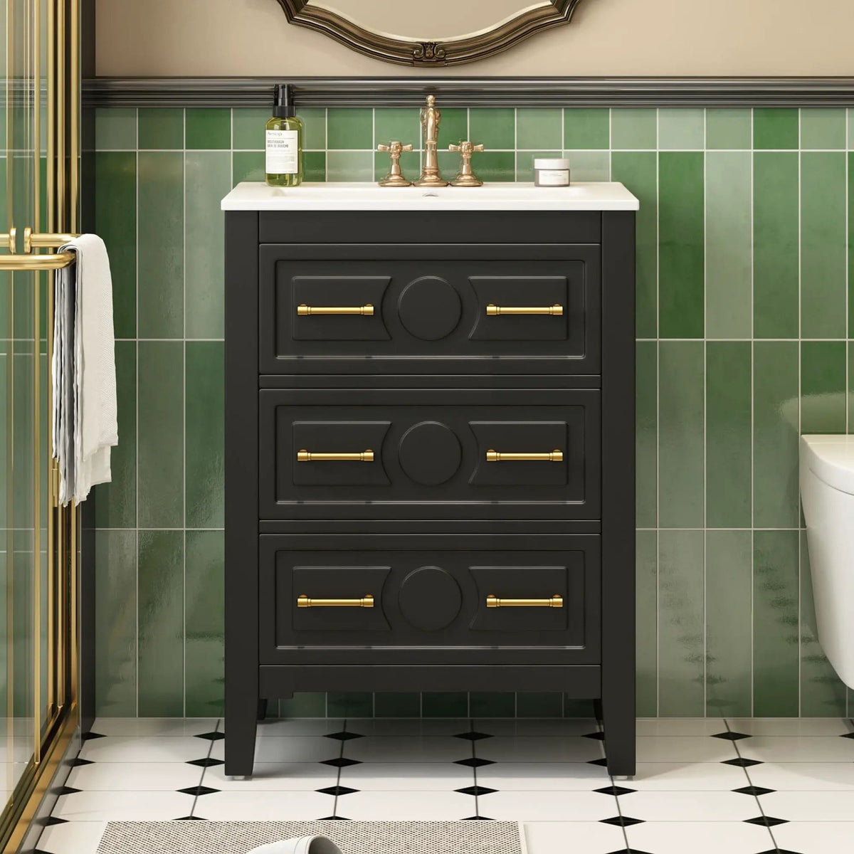 Bathroom Vanity With Sink, Free Standing Single Set, 3 Drawer Storage Cabinet | 2 Pieces | Solid Wood & Ceramic | Bathroom