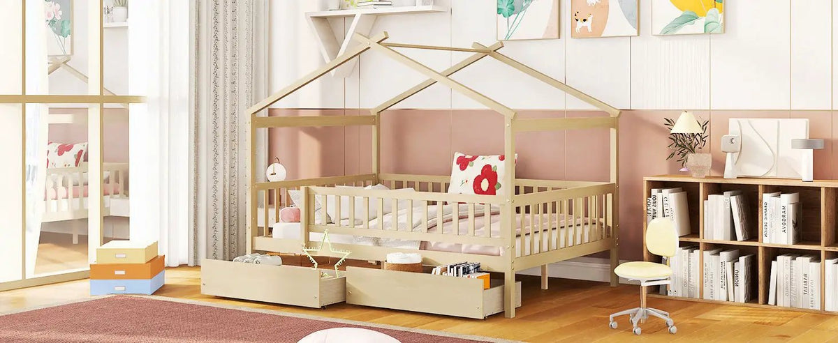 Kids House Bed With 2 Drawers | Sky Roof Design | Classic House Shape | 62.9 Inch Height