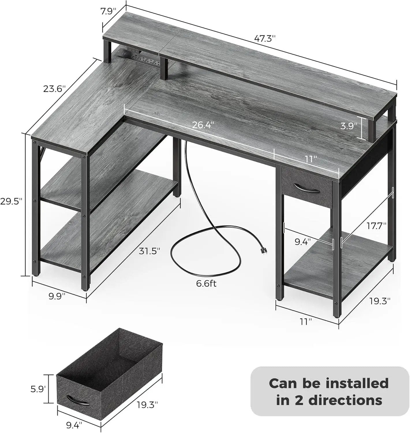 47 Inch L Shaped Desk With Led Lights And Power Outlets Grey from PriceLows™