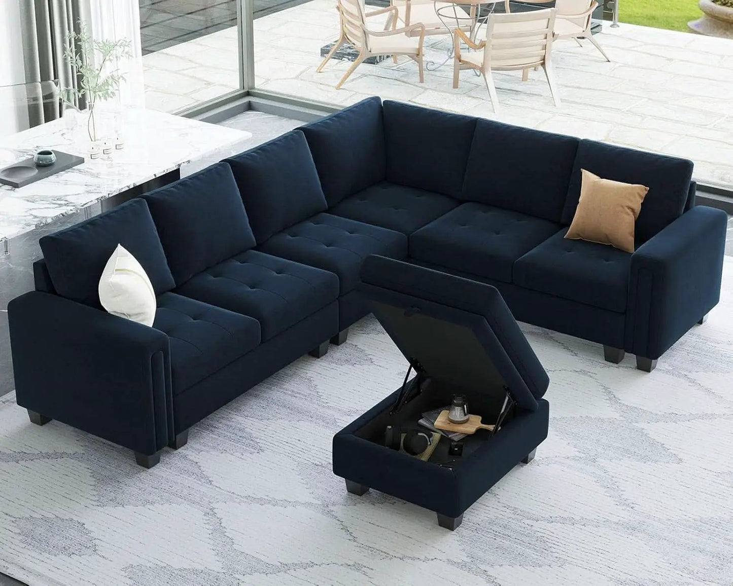 Velvet L Shaped Sofa Reversible Chaise Storage Ottoman Blue from PriceLows™