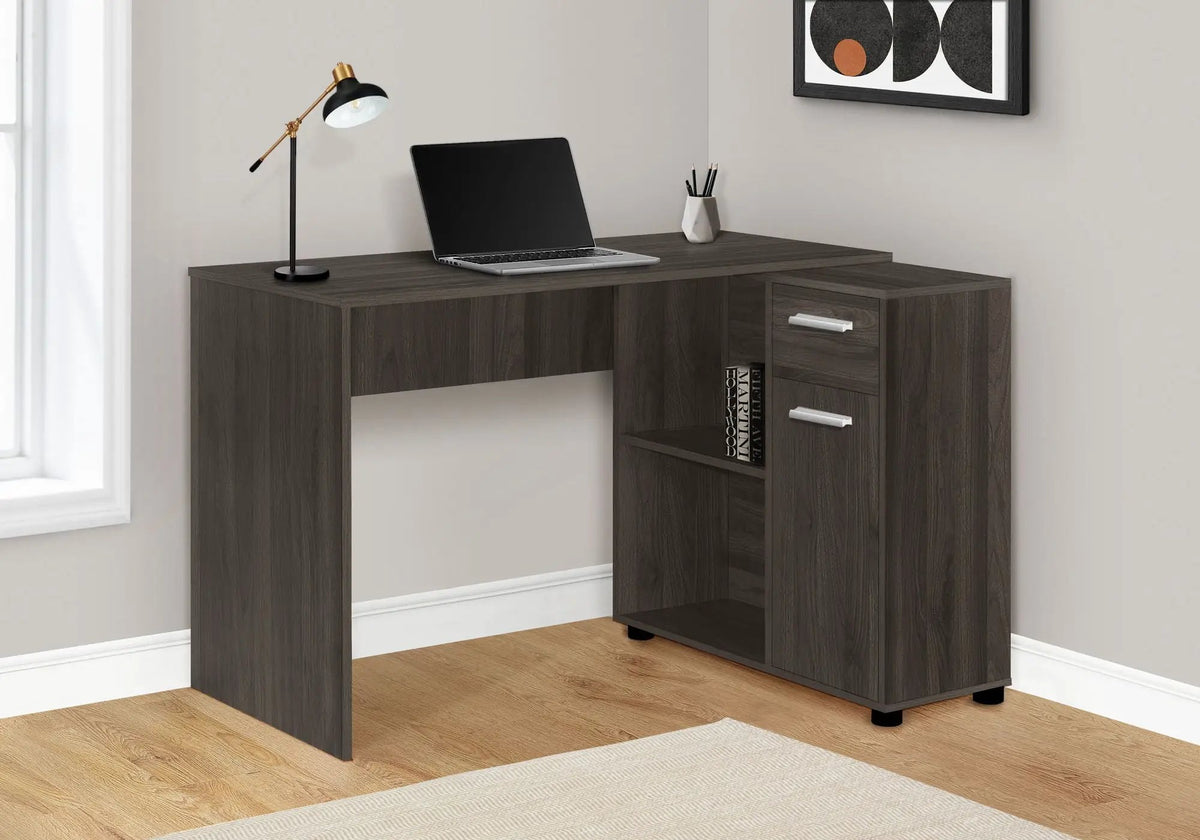 L-Shaped Industrial Desk | 46 Inch Width | Wood-Look Finish | Open And Closed Storage