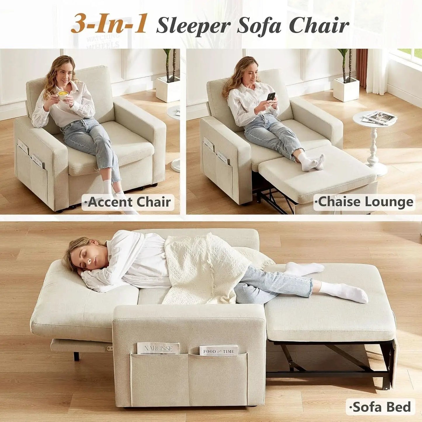 Forty Two Point Five Inch Sleeper Chair Bed Beige Convertible Sofa Bed from PriceLows™