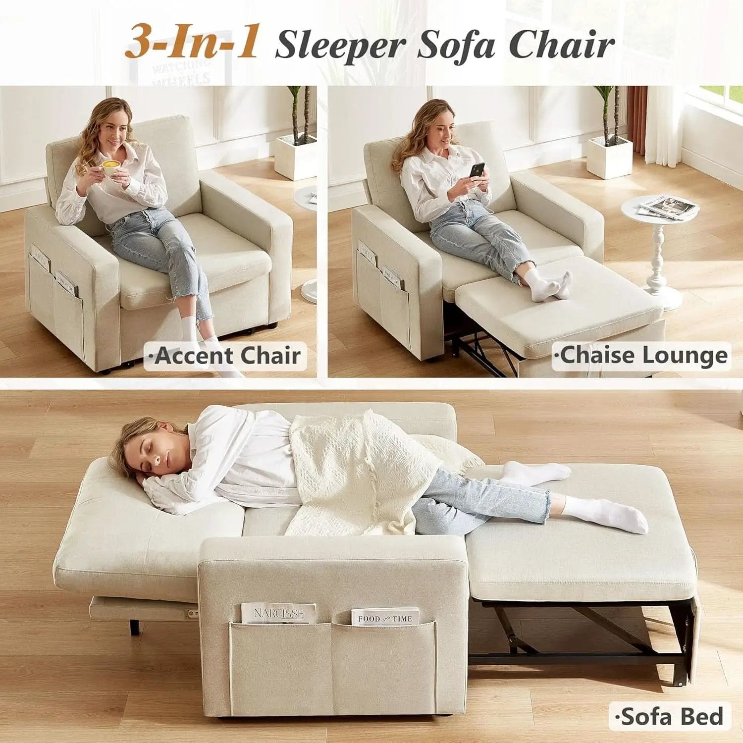 Forty Two Point Five Inch Sleeper Chair Bed Beige Convertible Sofa Bed from PriceLows™