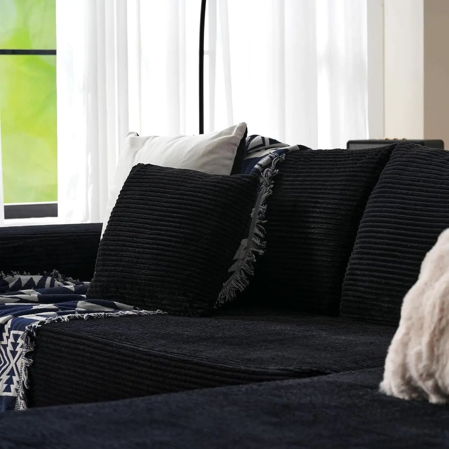 104 Inch Black Corduroy L Shaped Sectional Sofa Deep Set Upholstered Modular Couch No Assembly from PriceLows™