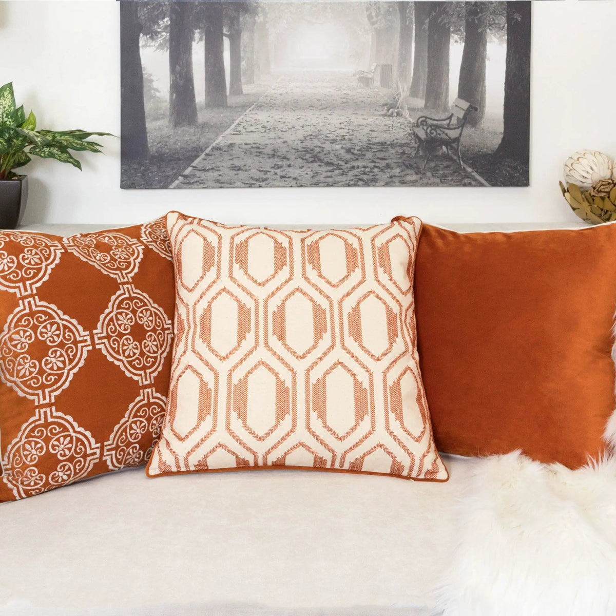 Geometric Embroidered Throw Pillow | Rust Burnt Orange | Natural Cotton Base | 20 x 20 Inch