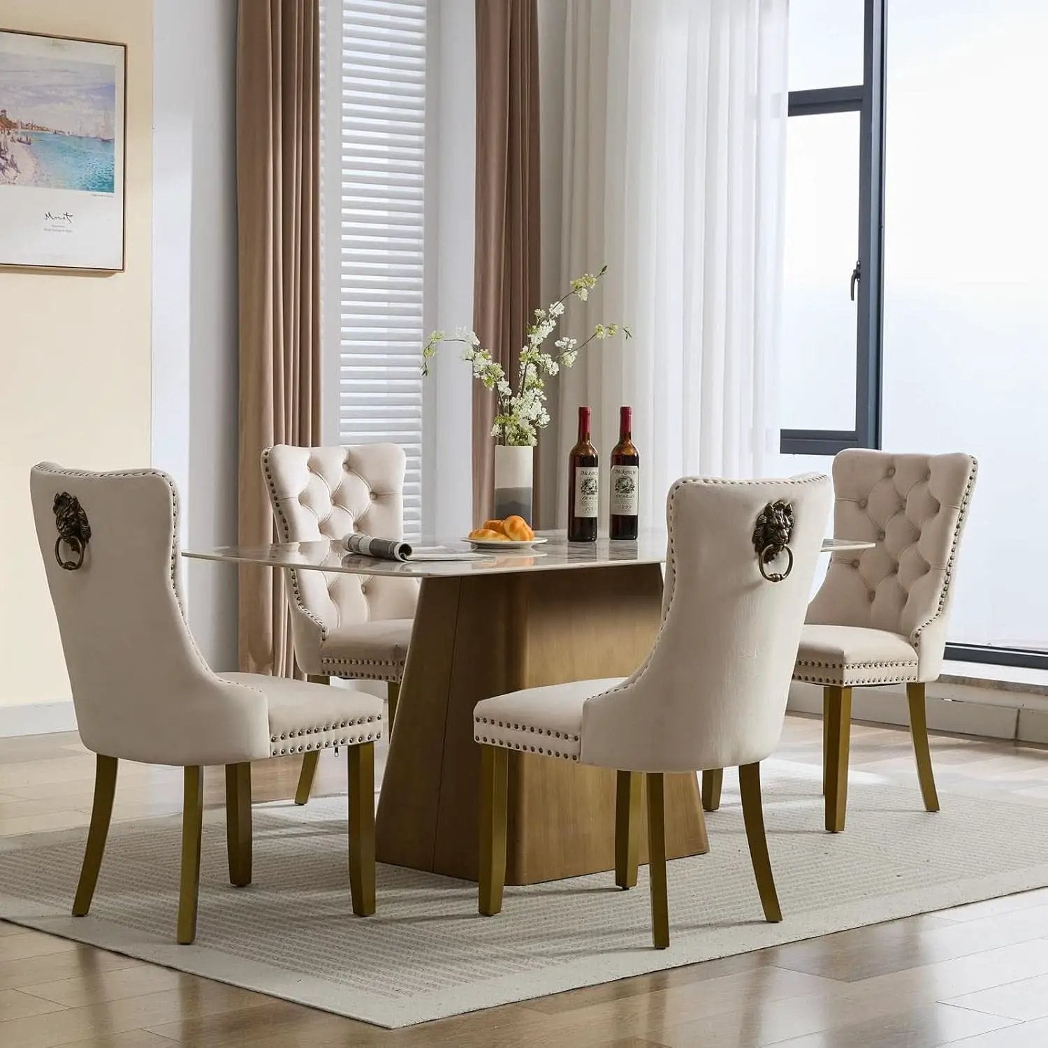 Beige Velvet Dining Chairs Set Of Four Wingback Button Tufted Dining Room Chairs from PriceLows™
