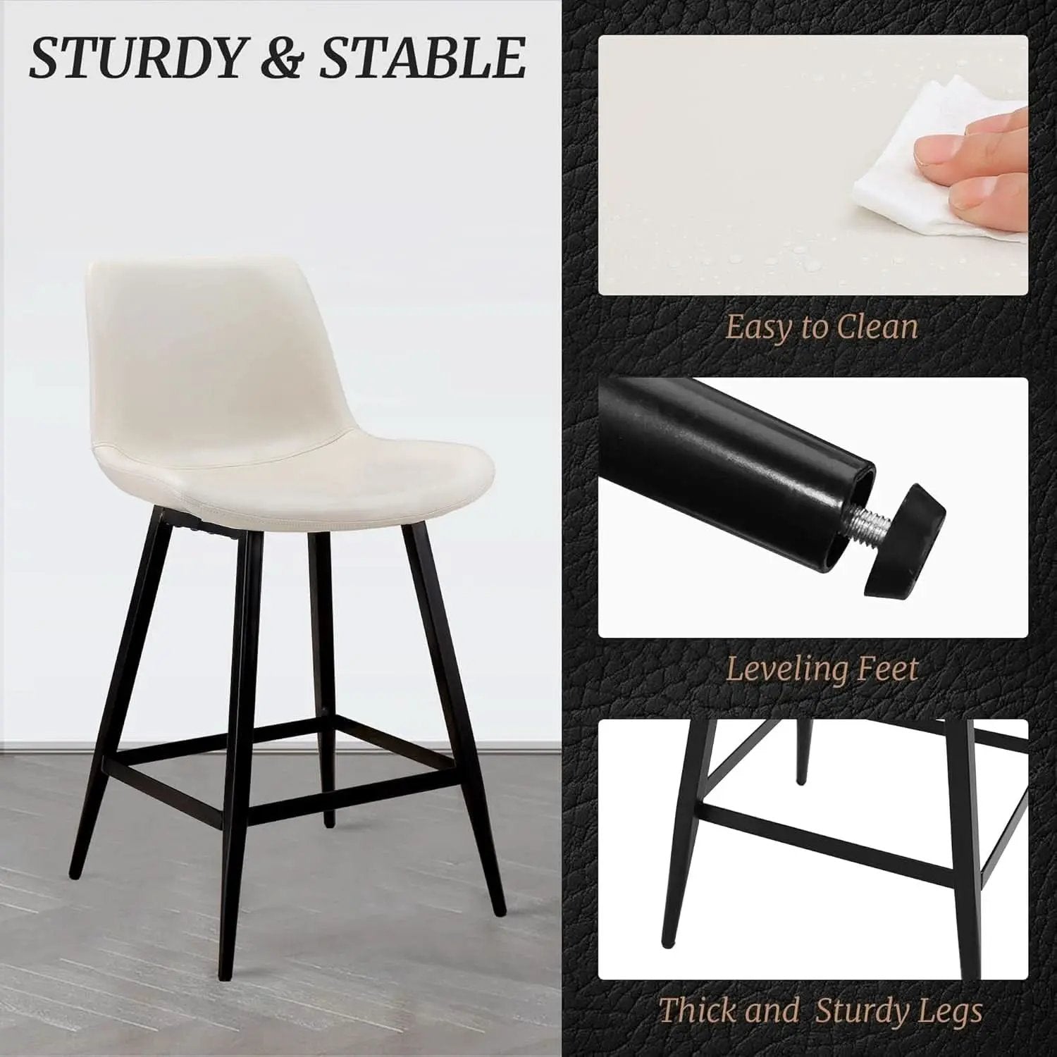 24 Inch Faux Leather Bar Stool Set of 3 With Back and Footrest, Antique White for Kitchen Island from PriceLows™