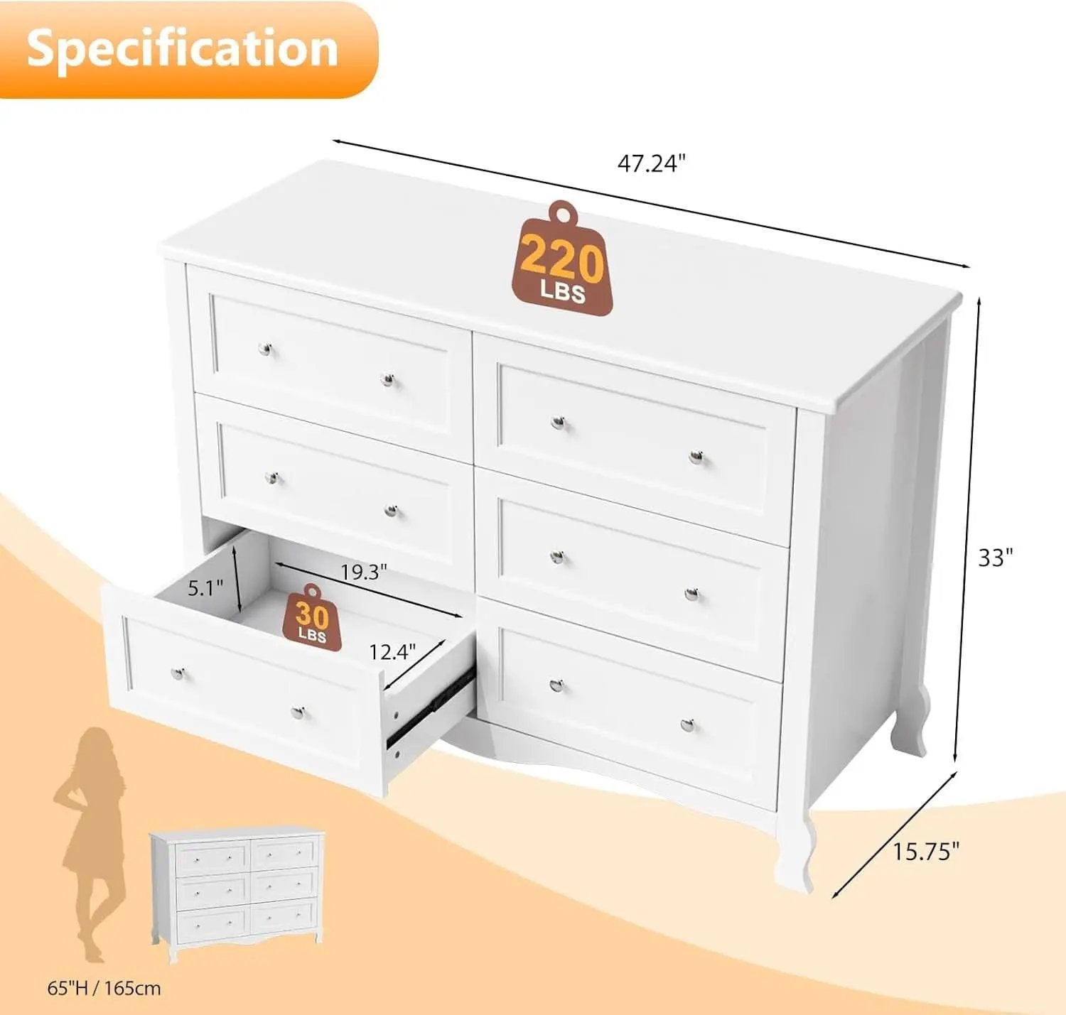 White Six Drawer Dresser Grooved Front ContouredProfile from PriceLows™