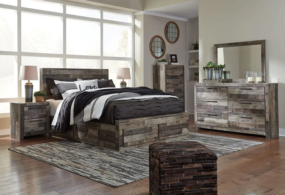 Derekson Panel Bedroom Set | 4-Piece | Rustic Butcher Block Finish | Replicated Pine Grain