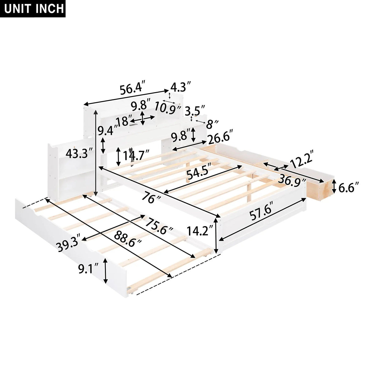 Storage Platform Bed | Solid Pine Wood | Trundle Base | 2 Drawer Storage