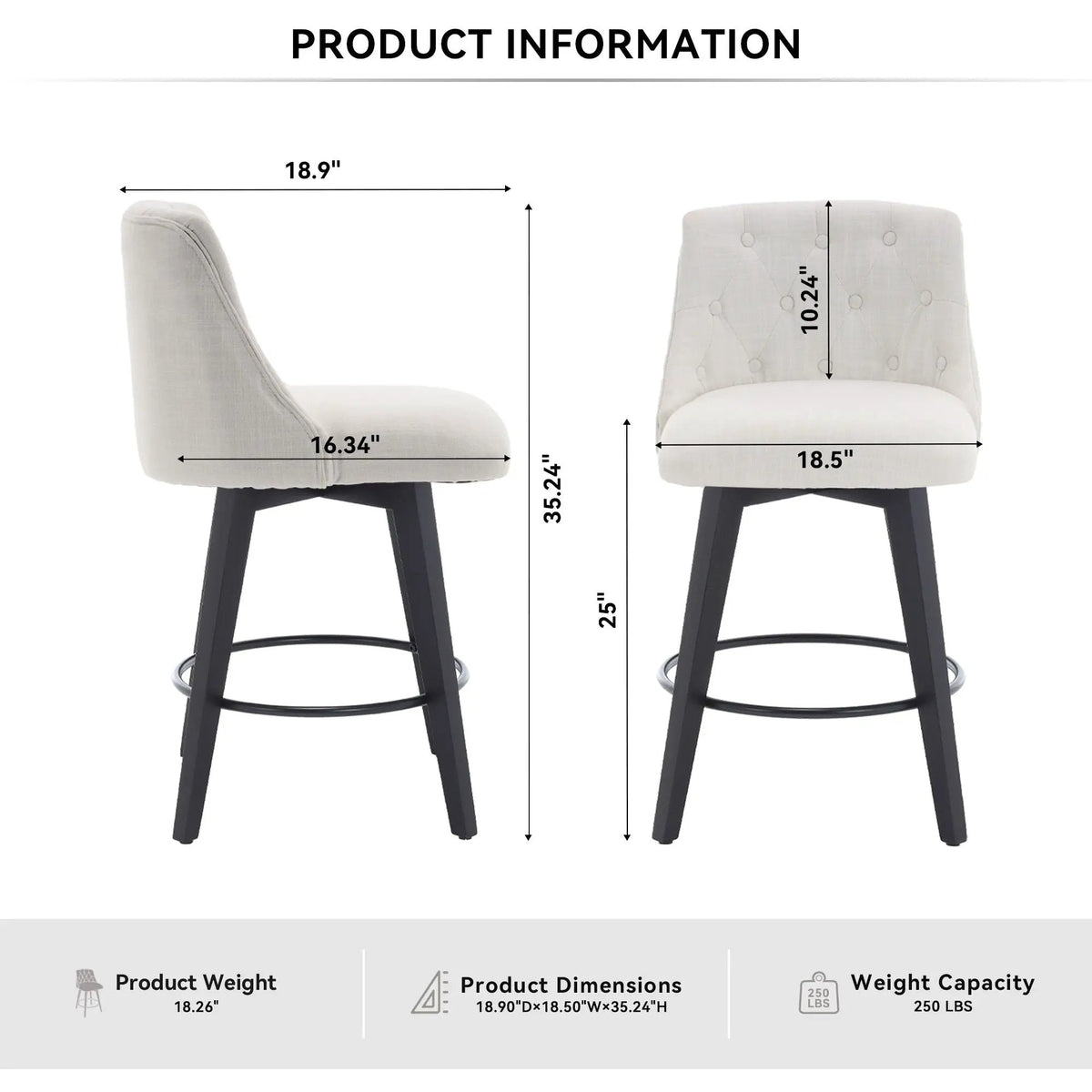 Swivel Bar Stools | Set Of 2 | Button Tufted Back | 360 Degree Silent Swivel