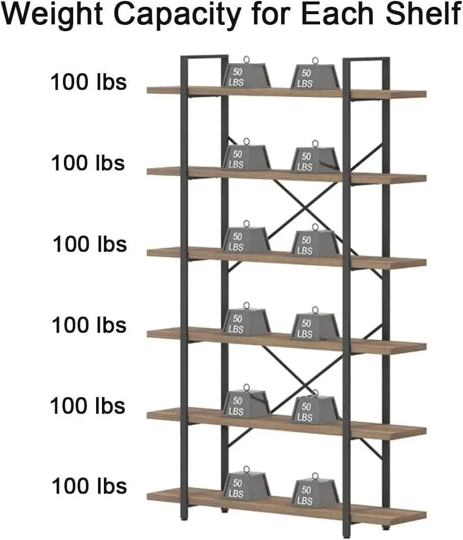 Rustic Oak 6 Tier Tall Bookcase With Metal Frame Industrial from PriceLows™