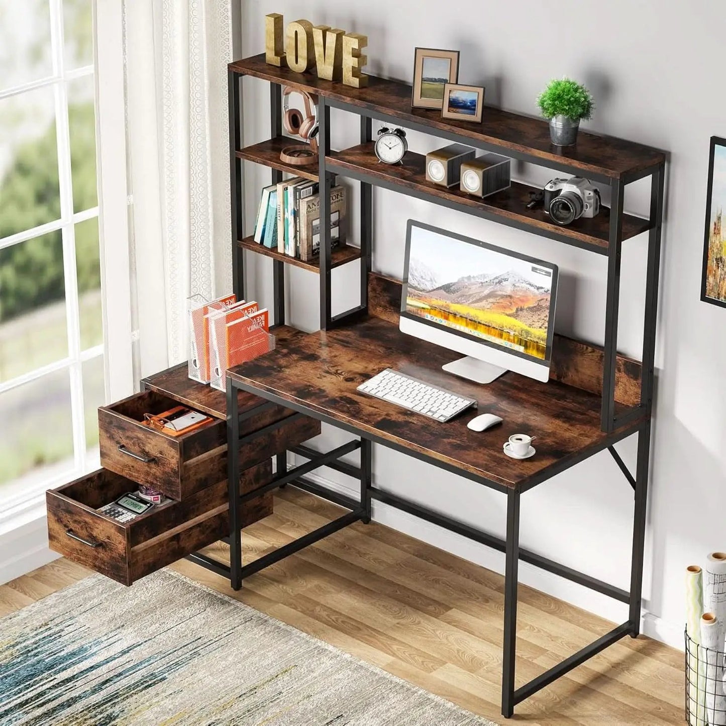 55 Inch Rustic Brown Computer Desk With Drawers And Shelves from PriceLows™