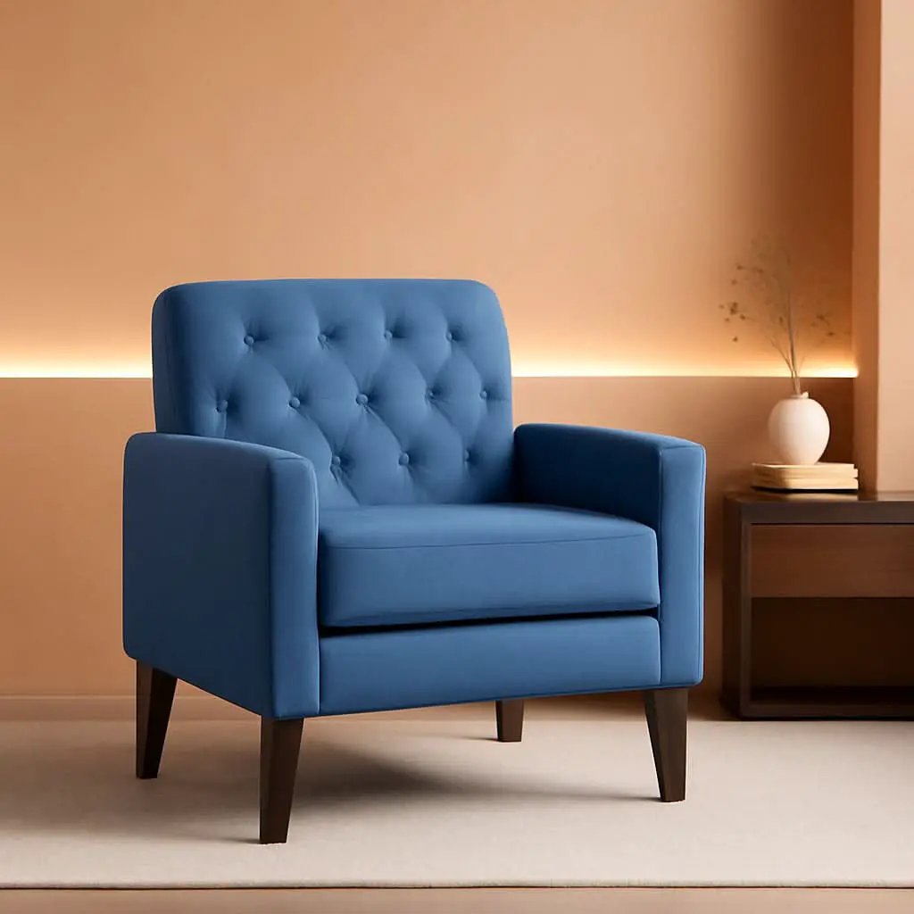Blue Armchair For Small Spaces With Linen Upholstery And Wooden Legs from PriceLows™