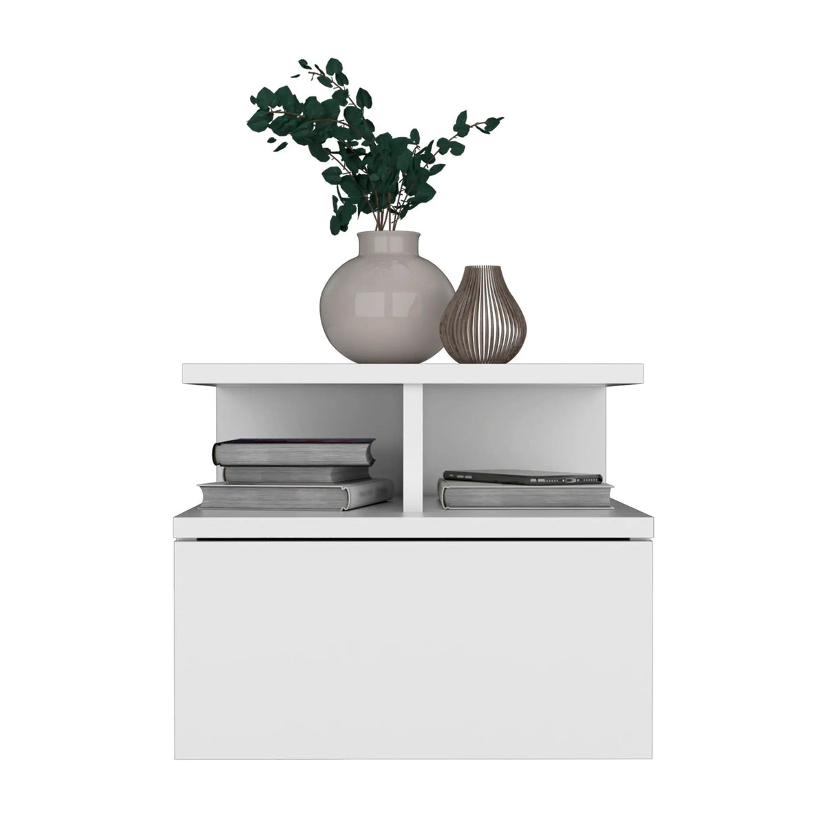 Floating Nightstand Wall Mounted | Single Drawer | Two Tier Shelf | White
