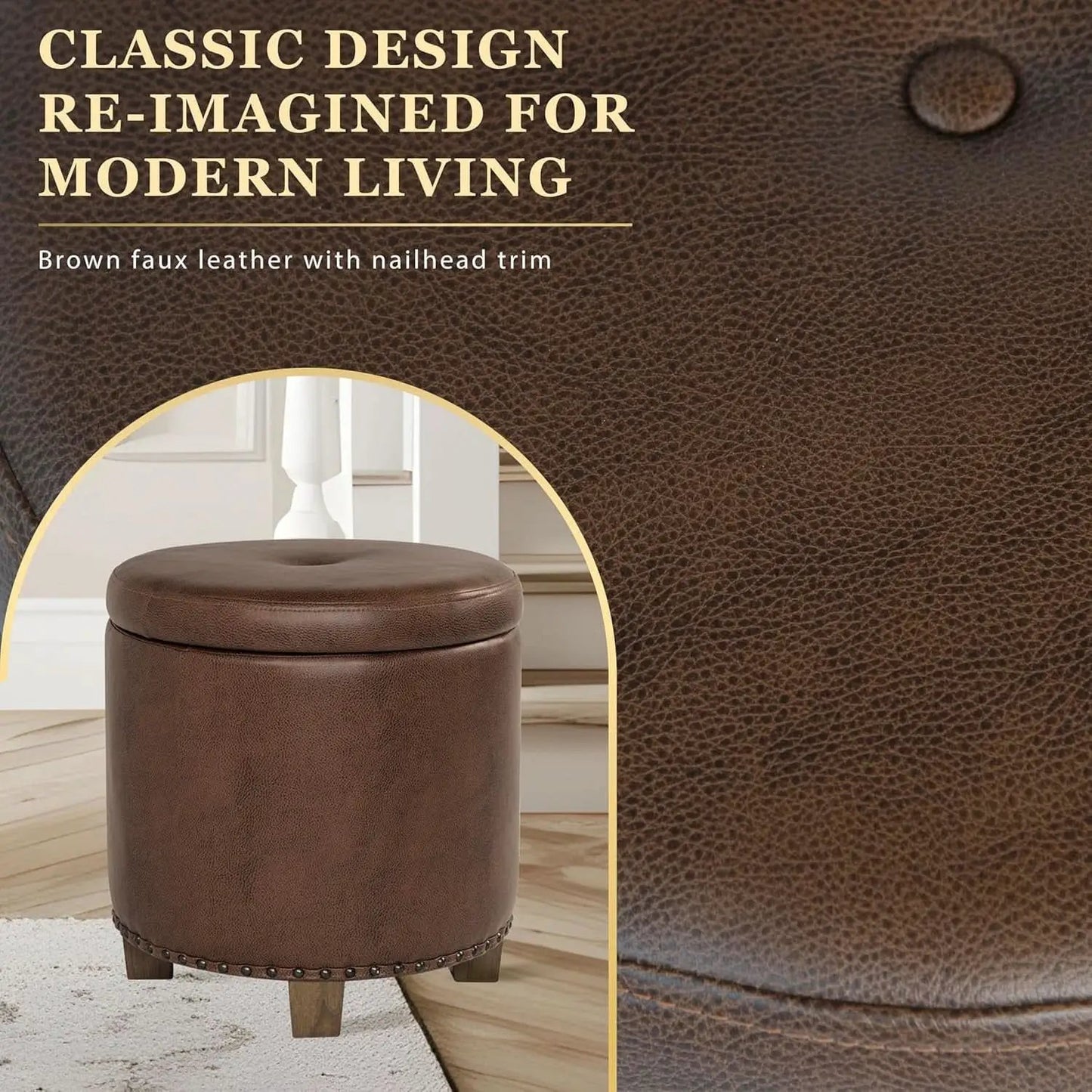 Round Storage Ottoman With Nailhead-Trim Brown Faux Leather from PriceLows™