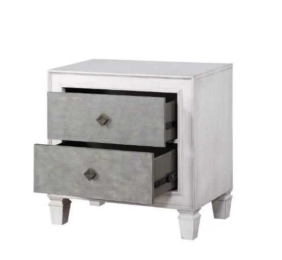 Katia Weathered Nightstand | Gray And White Finish | Poplar Wood Construction | Smooth Drawer Access