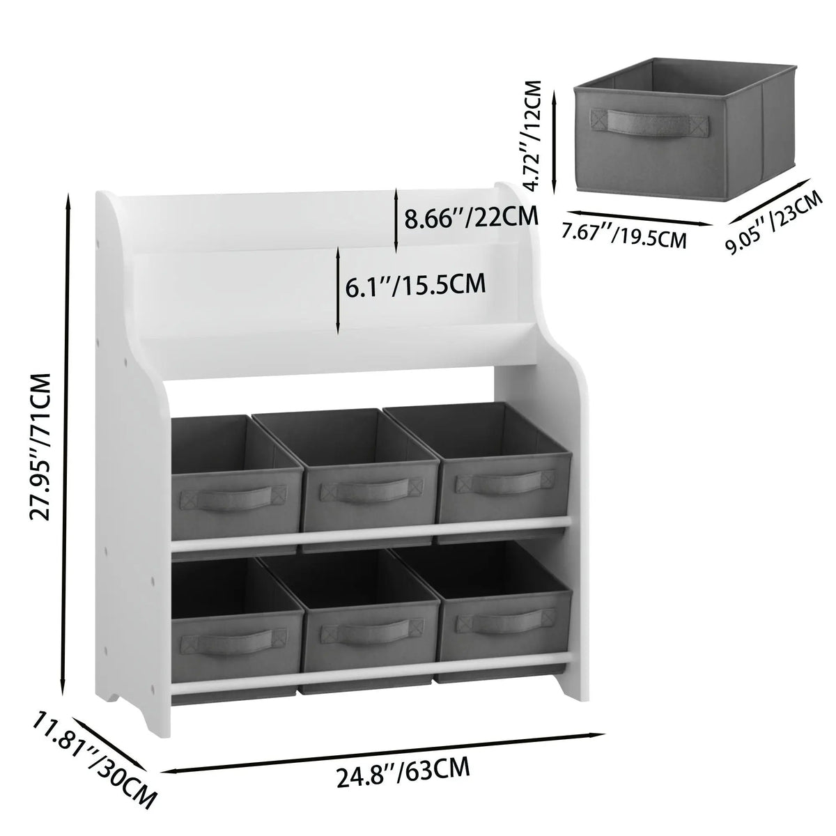 Bookshelf | 3 Open Shelves | 6 Storage Bins | White