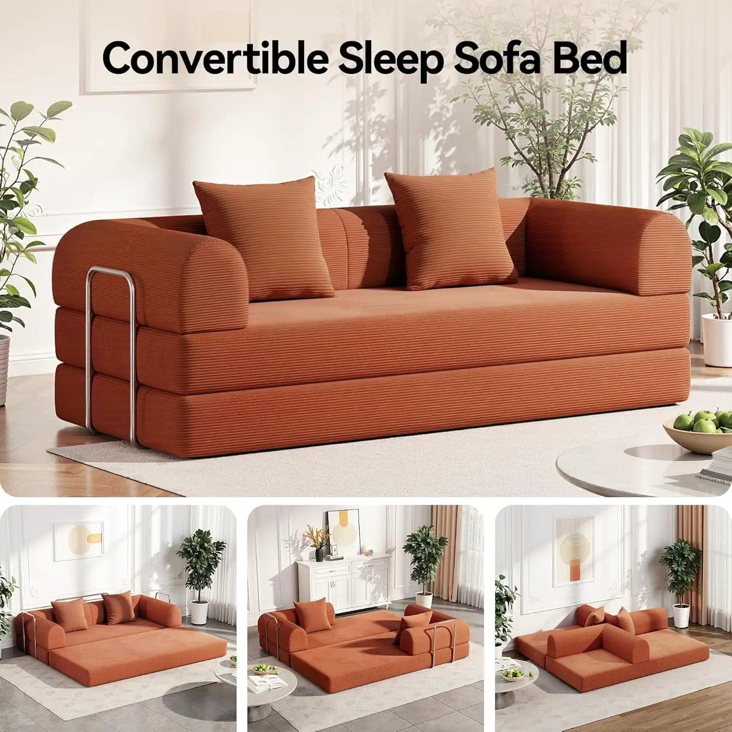 79 Inch Convertible Sofa Bed Orange CorduroyPillows from PriceLows™
