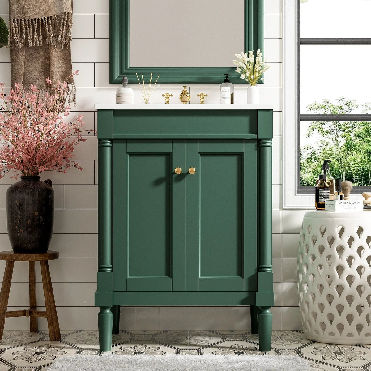24 Inch Bathroom Vanity With Top Sink | 2 Tier Storage Cabinet | Retro Metal Handles | Soft-Closing Hinges