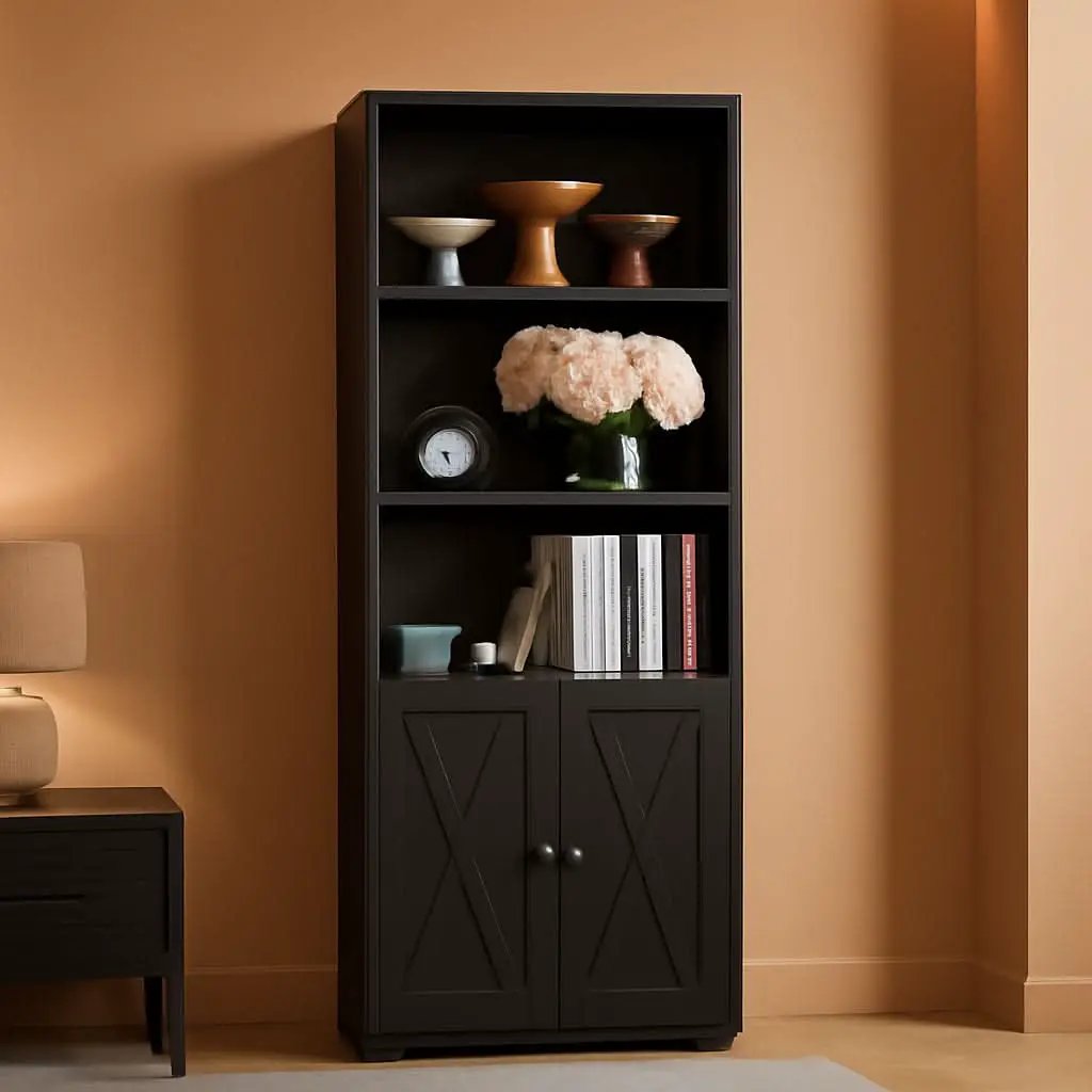 Industrial Bookshelf With Doors 11.8 Inch Depth 5 Shelves from PriceLows™