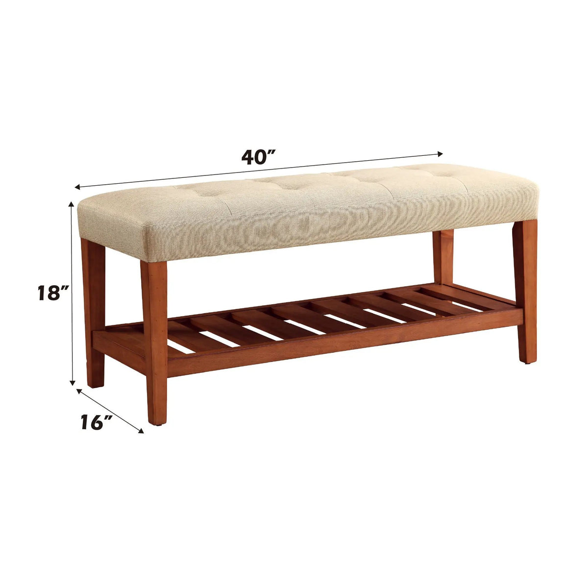 Charla Upholstered Bench | Tufted Fabric Seat | Oak Color Scheme | Armless Rectangular Design