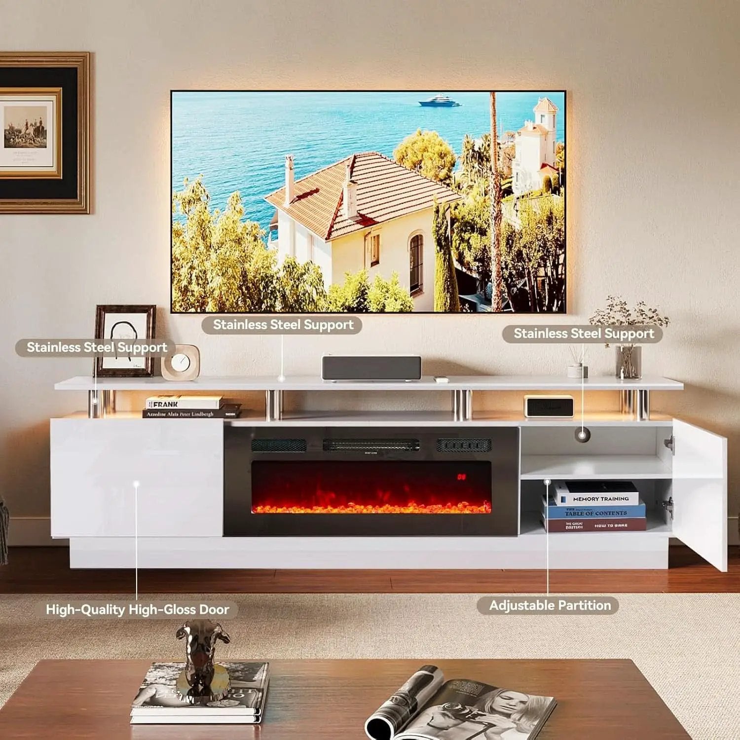 80 Inch White Electric Fireplace TV Stand With LED Lights from PriceLows™