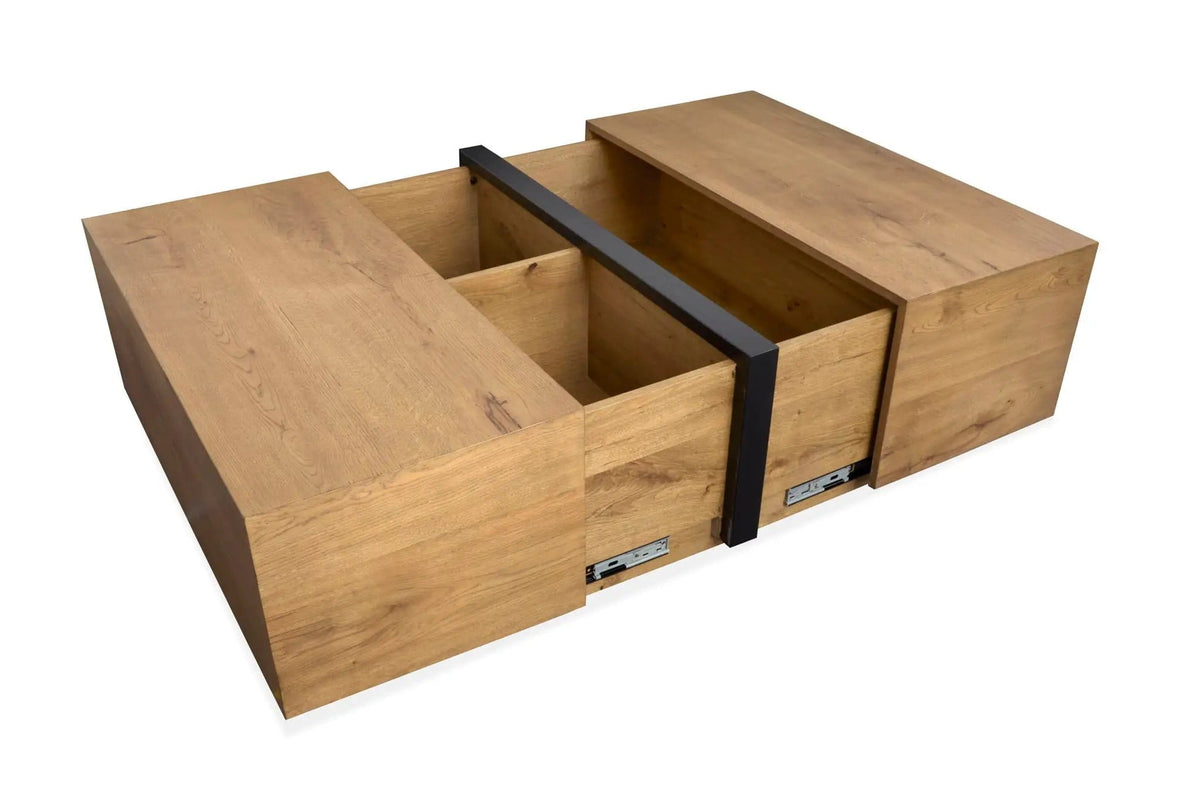 Ripley Square Cocktail Table With Casters | 42 x 42 x 17 in | Oak Veneer & Metal | Rustic Caramel