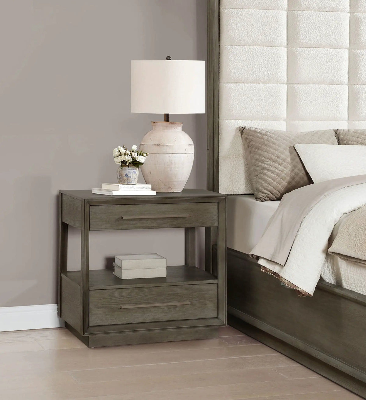 Durango 2-drawer Nightstand Bedside Table Taupe | 30 x 18 x 29.5 in | Engineered Wood & Veneer | Oak