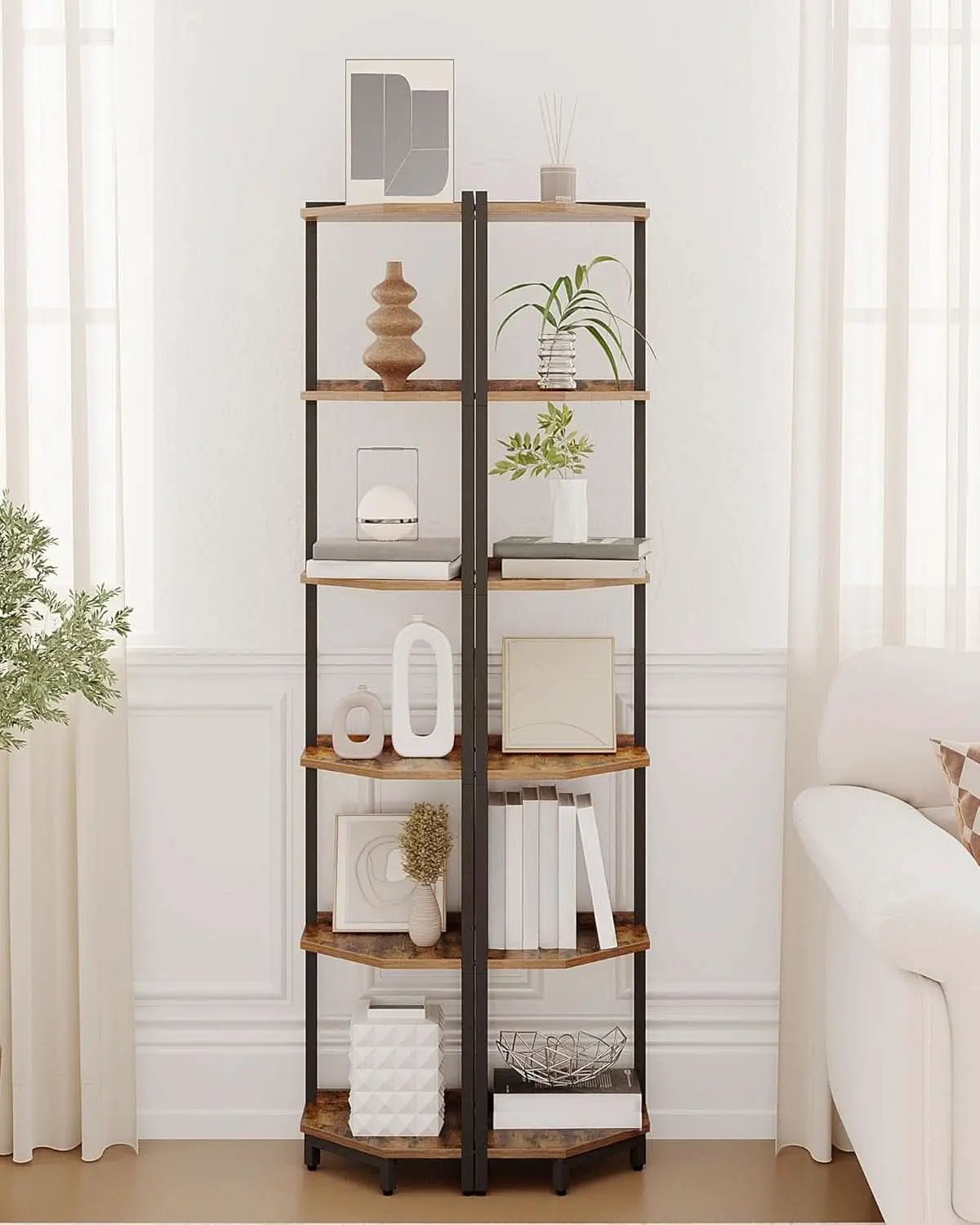 6-Tier Rustic Brown Corner Shelf Stand For Living Room from PriceLows™