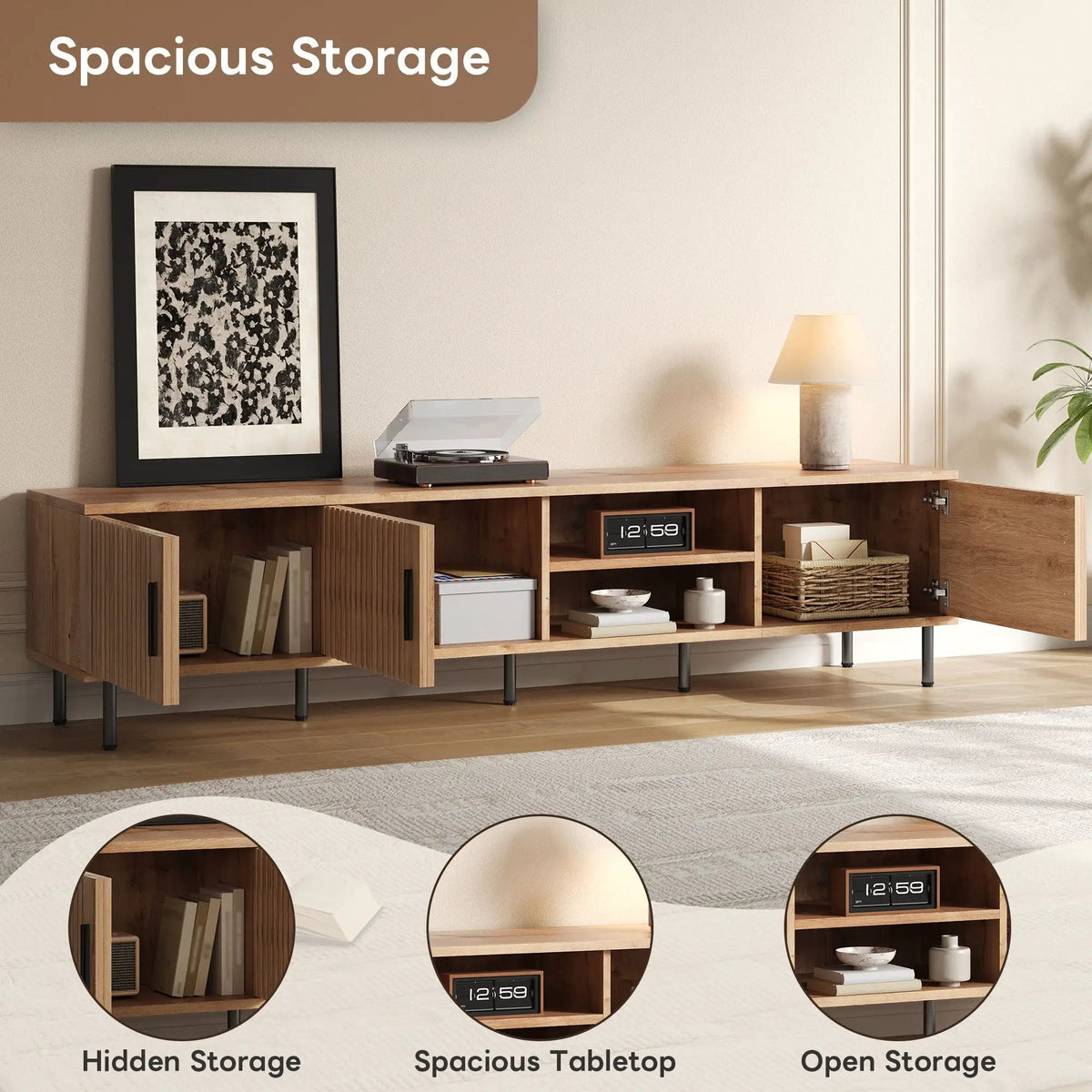78 Inch TV Stand | Fits TVs Up To 85 Inch | Closed Storage | Vertical Groove Panels