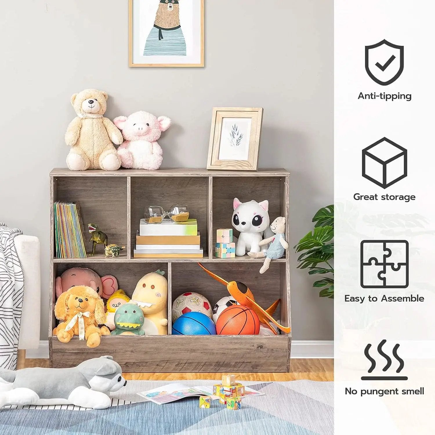 Kids Bookshelf Toy Storage Cabinet 35 Inch Long Greige from PriceLows™