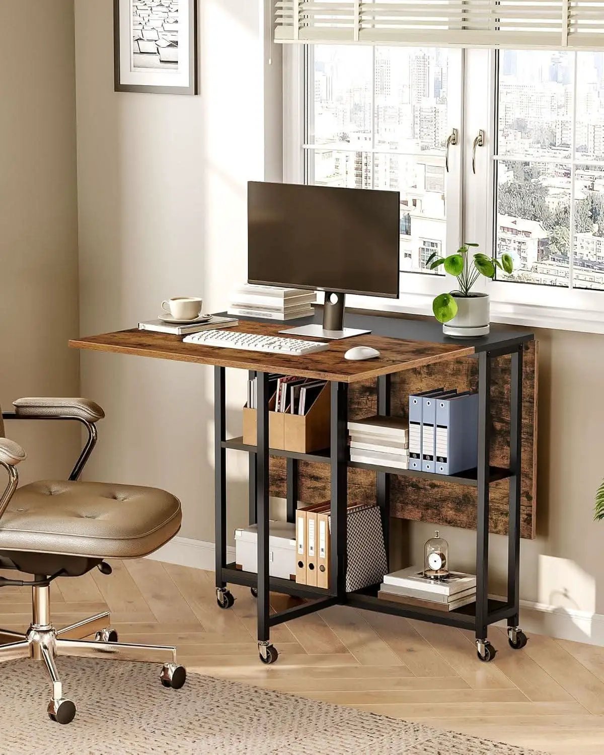Rustic Brown Expandable Folding Dining Table With 6 Wheels from PriceLows™