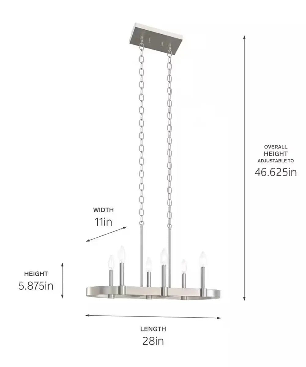 Linear Farmhouse Chandelier | 6 Light | 28 Inch | Brushed Nickel