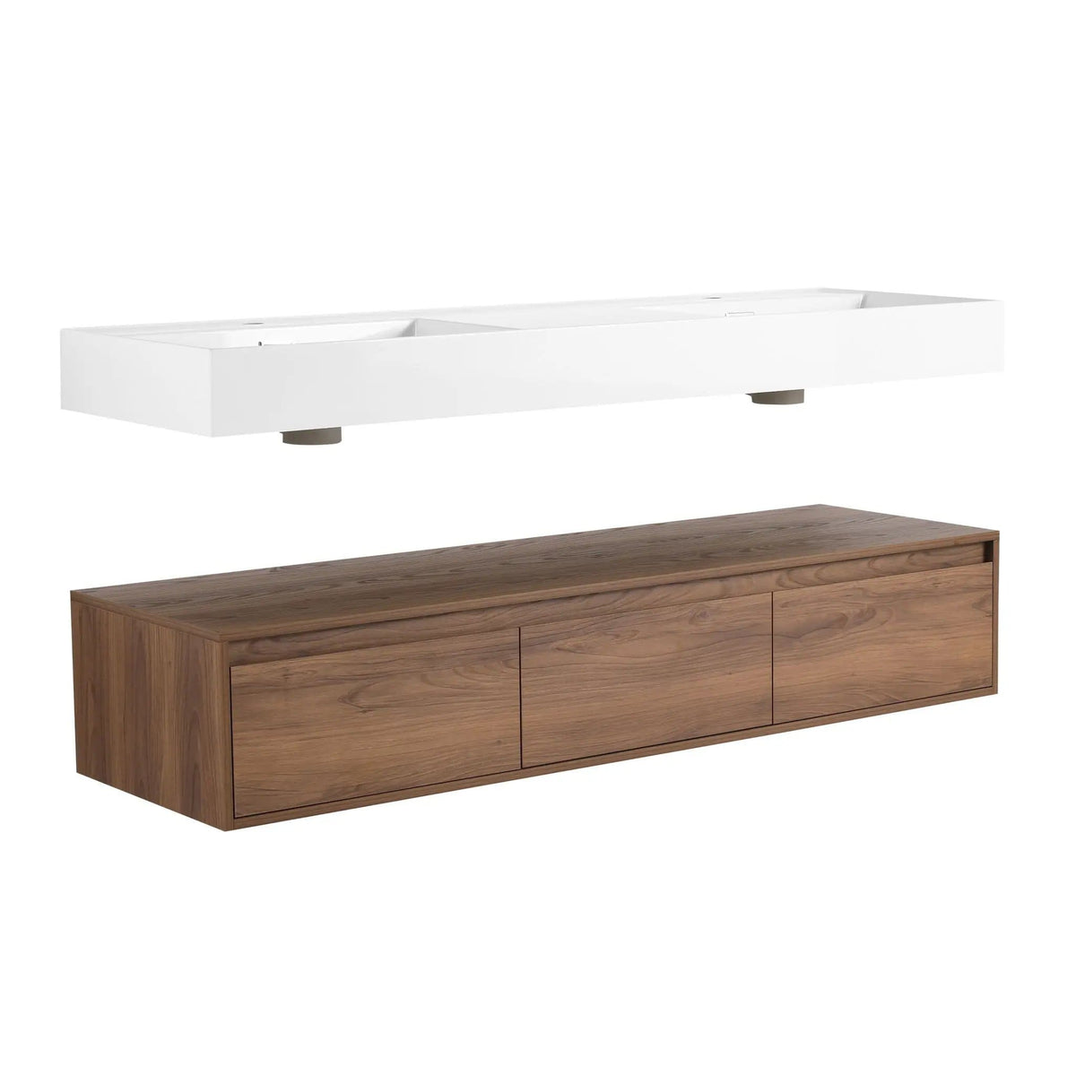 Contemporary Wall Mounted Bathroom Vanity With Dual Resin Sink And Soft Close Drawer | 2 Pieces | Plywood & Resin | Bathroom