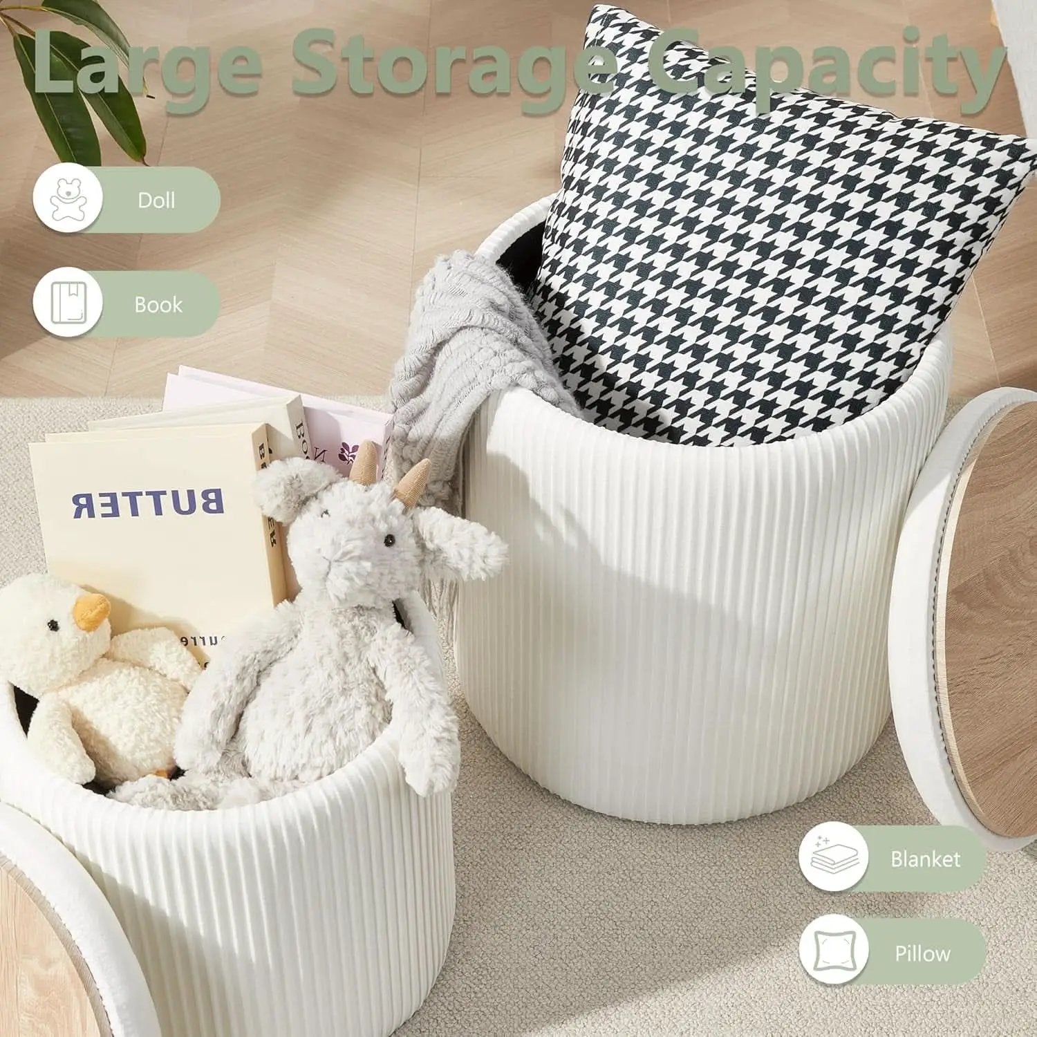 Compact Round Velvet Storage Ottoman TwoPack White from PriceLows™