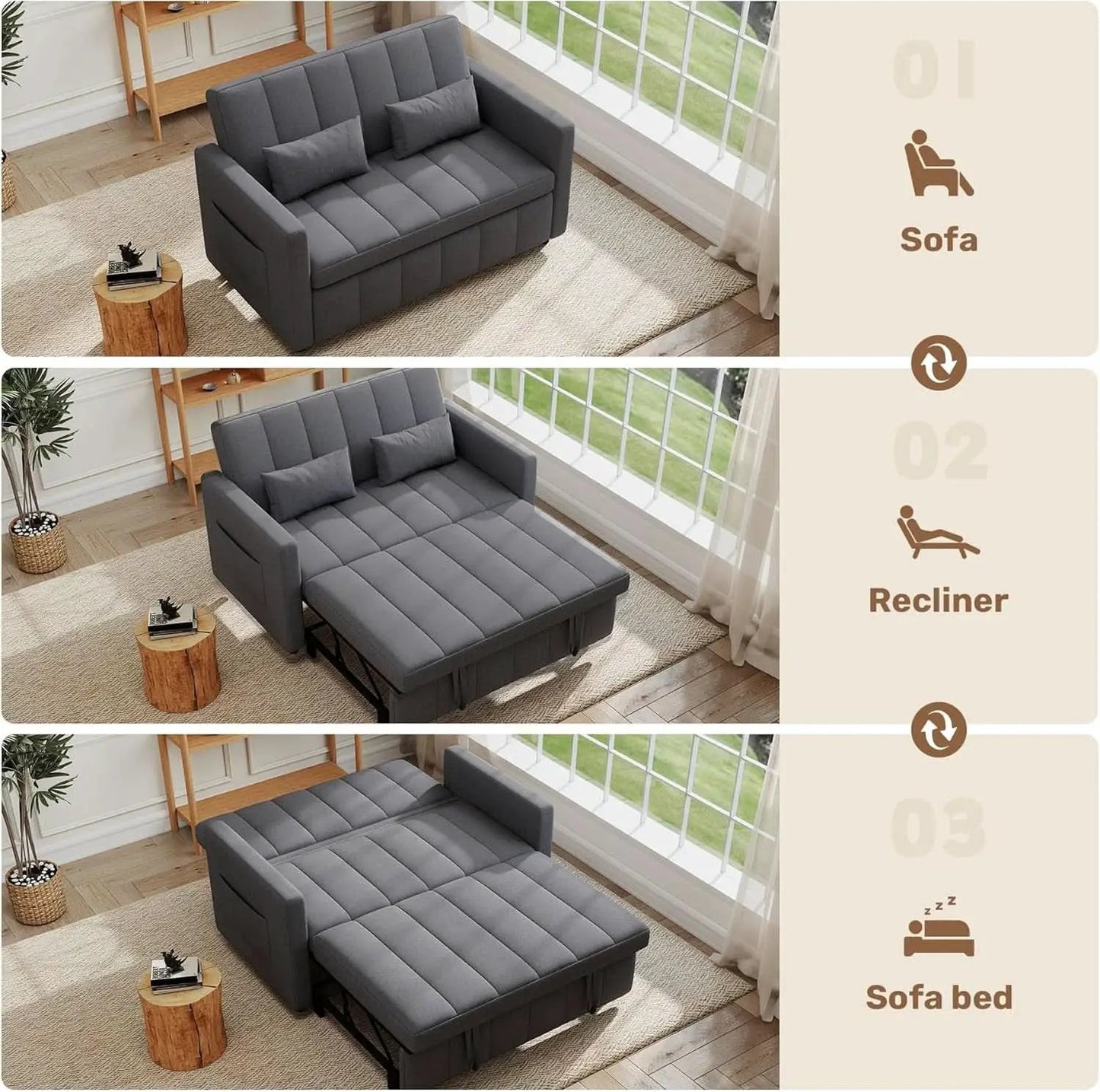 Three In One Convertible Sleeper Sofa Bed With Adjustable Backrest Light Gray from PriceLows™