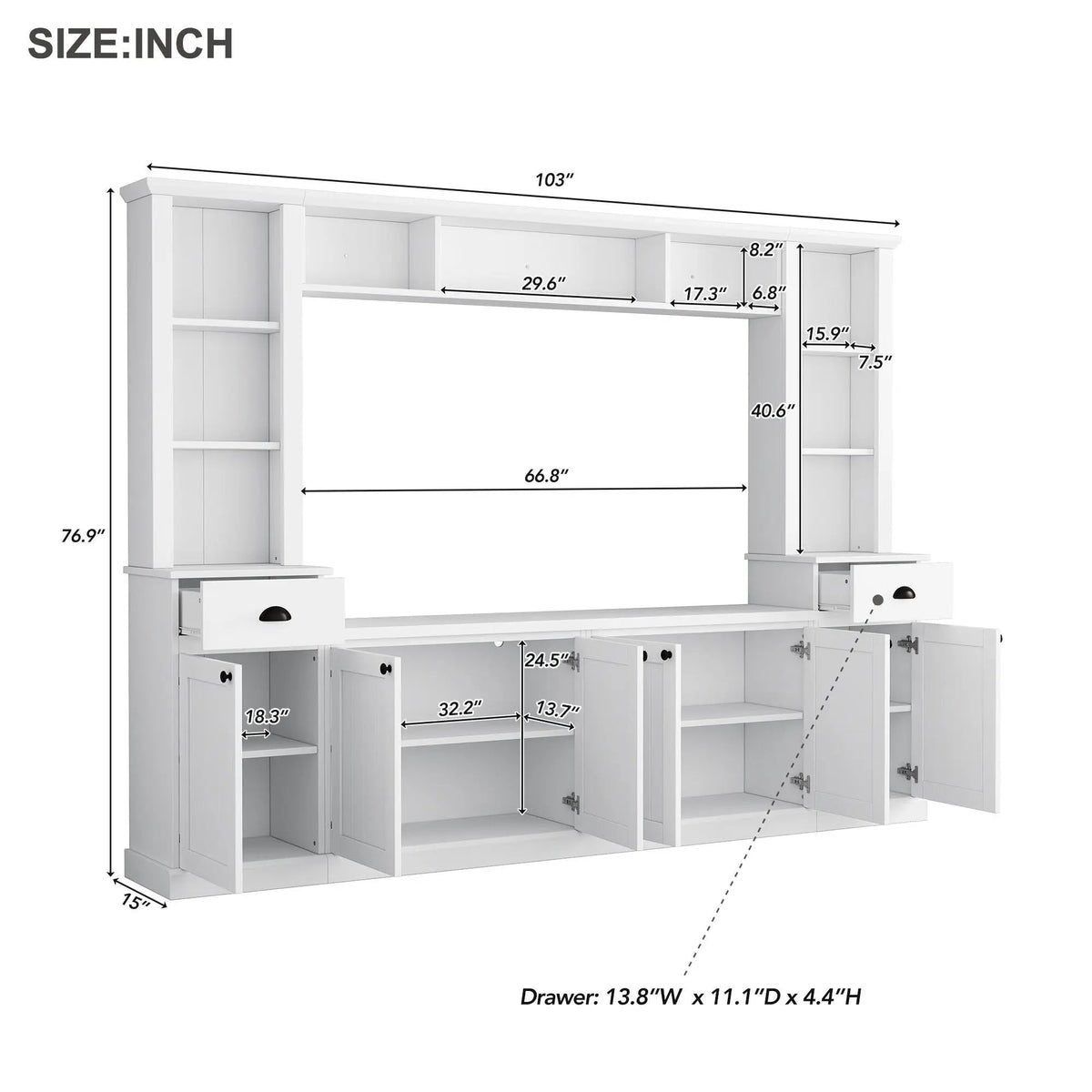 Minimalist Entertainment Wall Unit | Fits TVs Up To 75 Inch | Adjustable Bridge Height | Plank-Inspired Doors