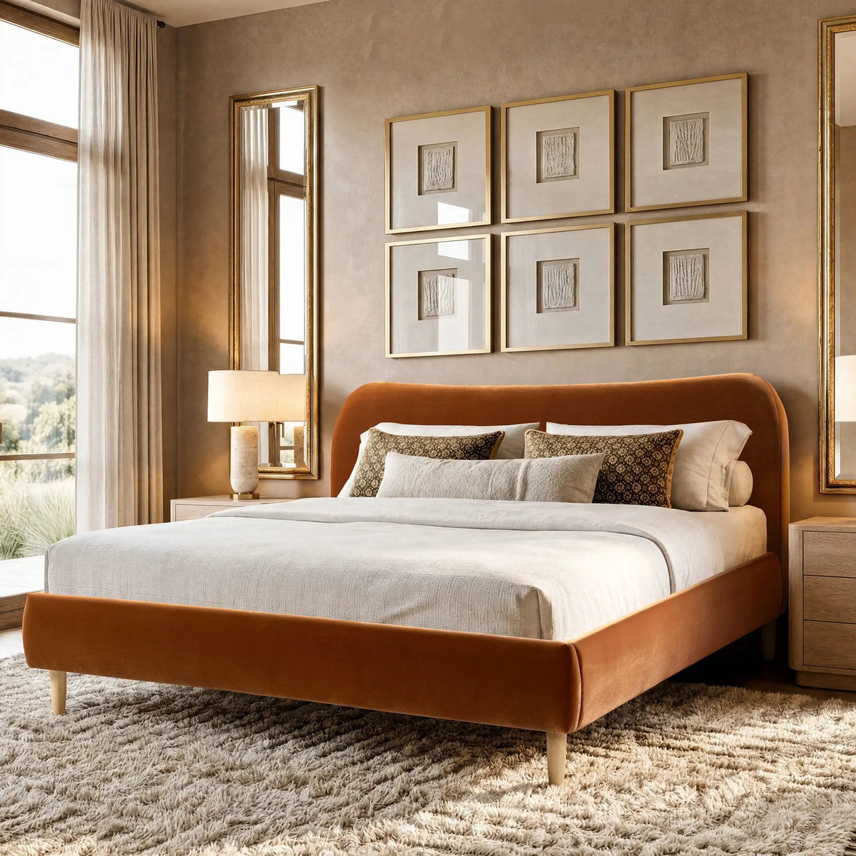Roman Upholstered Platform Bed | Curved Headboard | Upholstered Rails | Eco-Friendly Construction