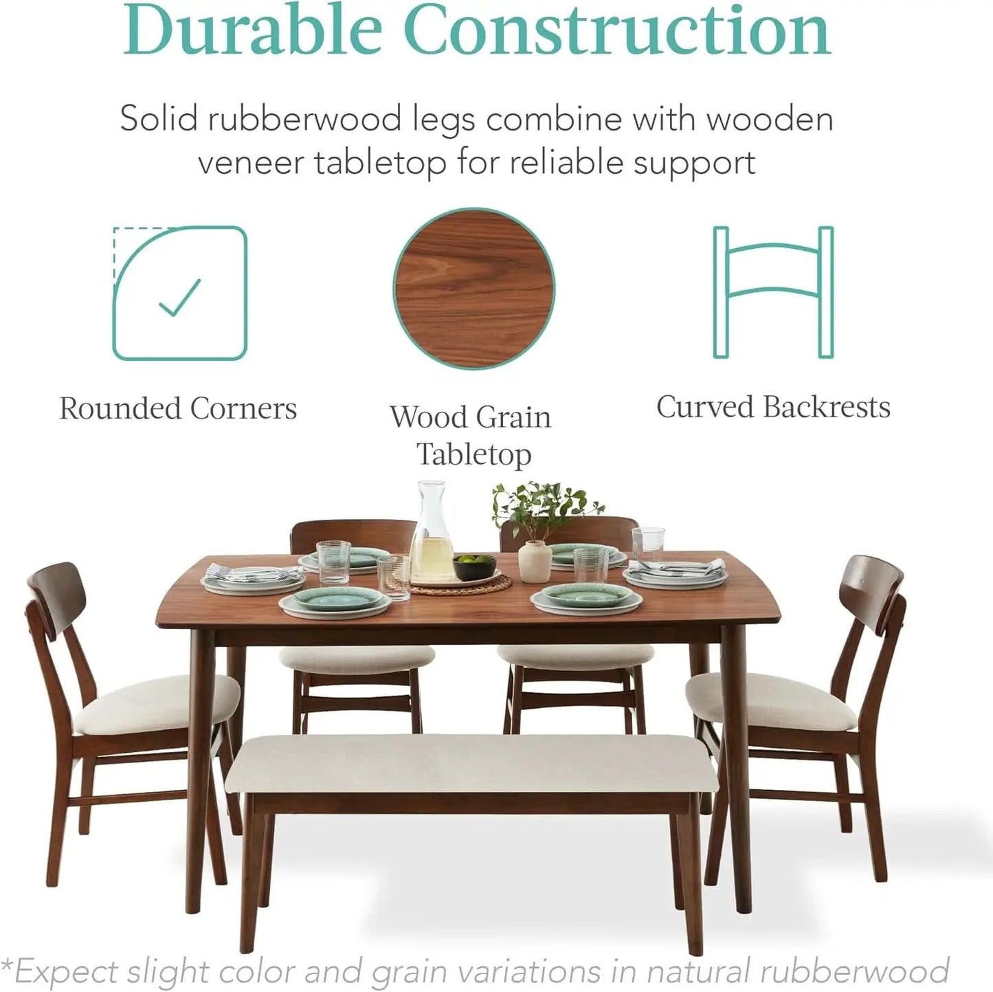 Walnut Rubberwood Dining Set With Upholstered Bench from PriceLows™