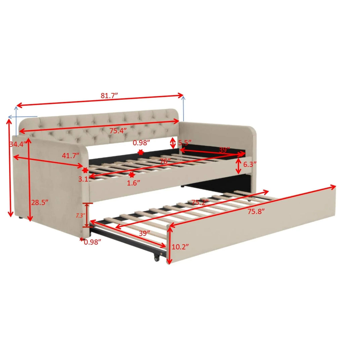 Upholstered Daybed With Trundle And USB Charging Design | 2 Pieces | Fabric | Bedroom