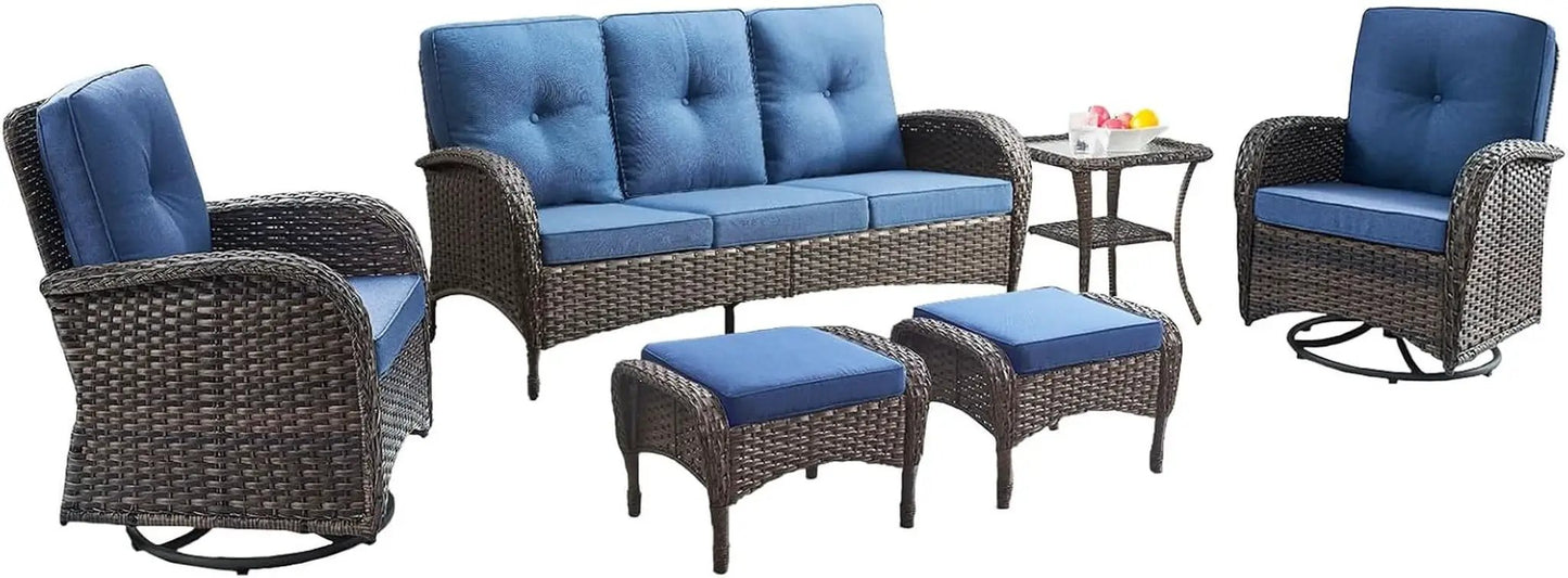 Six Piece Patio Conversation Set Brown Wicker Blue Cushions from PriceLows™