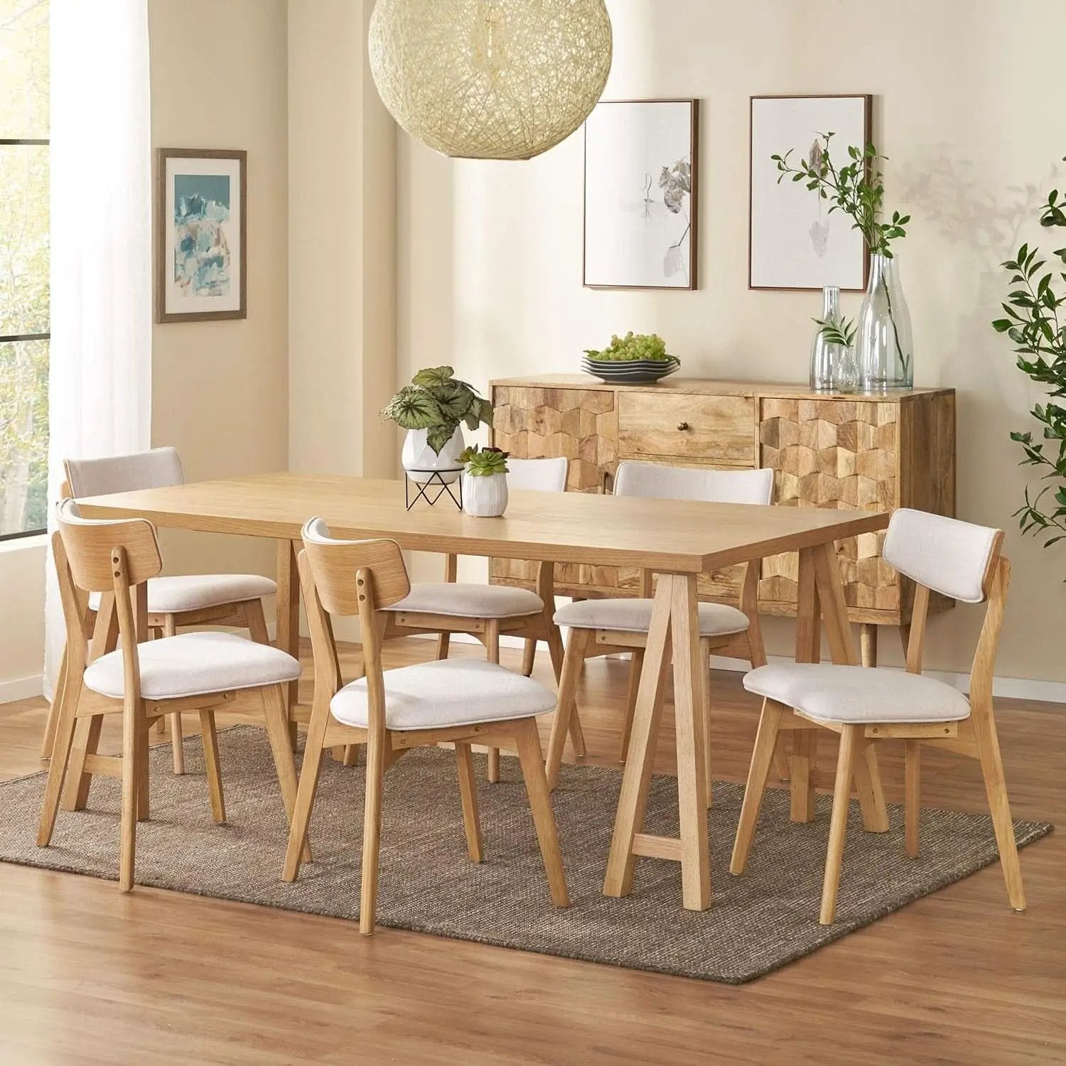 Mid Century Modern Dining Set 7 Piece Natural Oak Table from PriceLows™