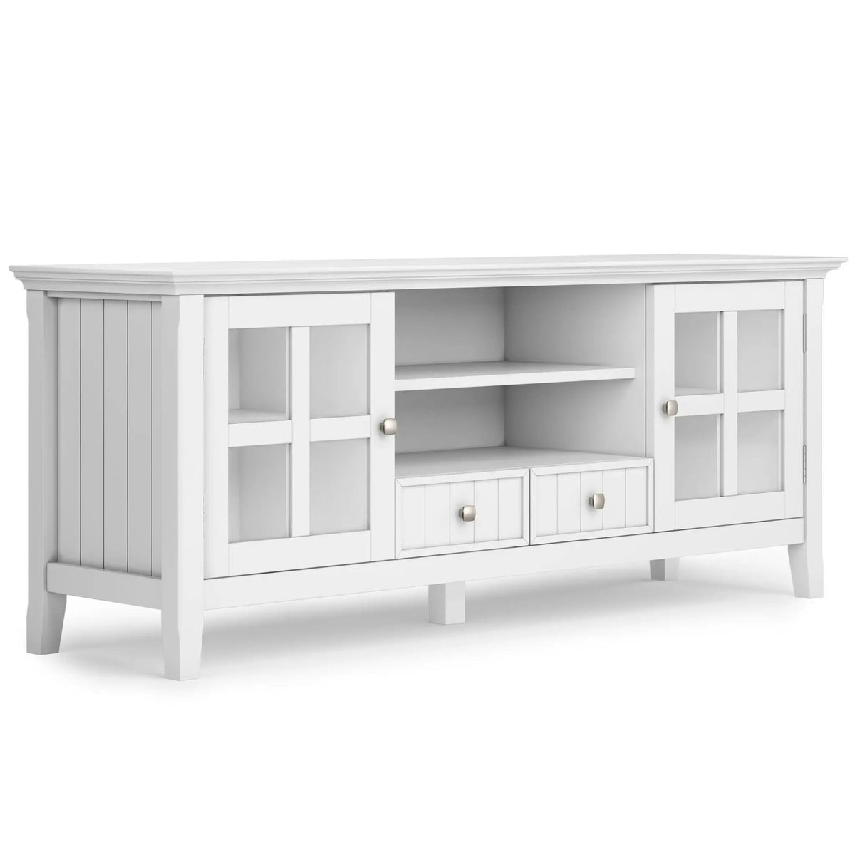 Acadian TV Media Stand | Handcrafted Solid Wood | 2 Bottom Drawers | Tempered Glass Side Cabinets