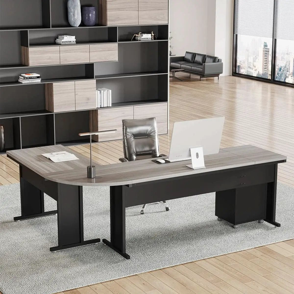 83 Inch L Shaped Desk With Gray Three Drawer File Cabinet from PriceLows™