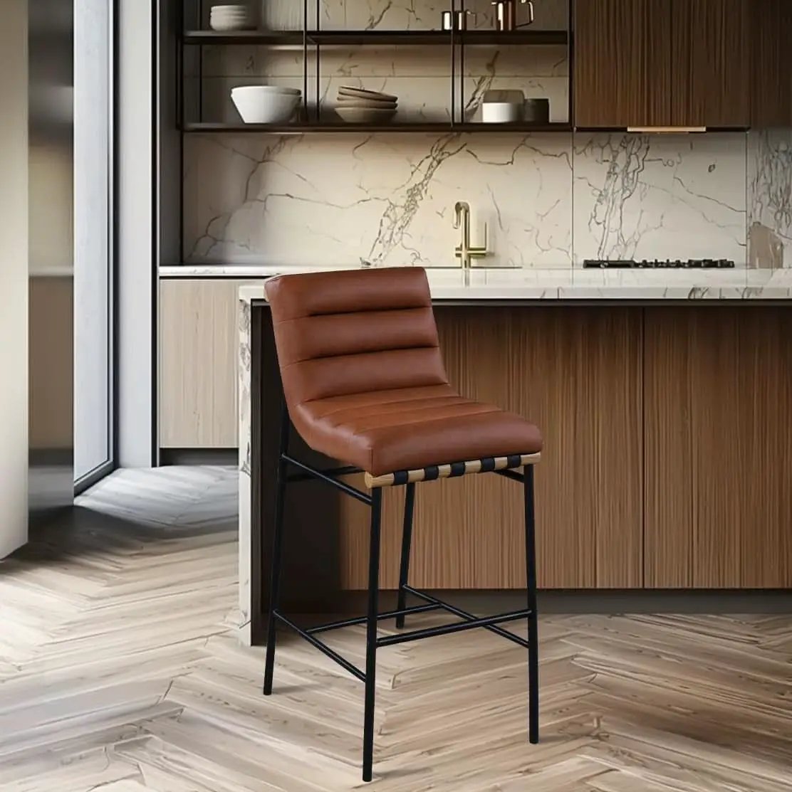 Burke Collection Modern Cognac Vegan Leather Bar Stool Matte Black Frame from PriceLows™