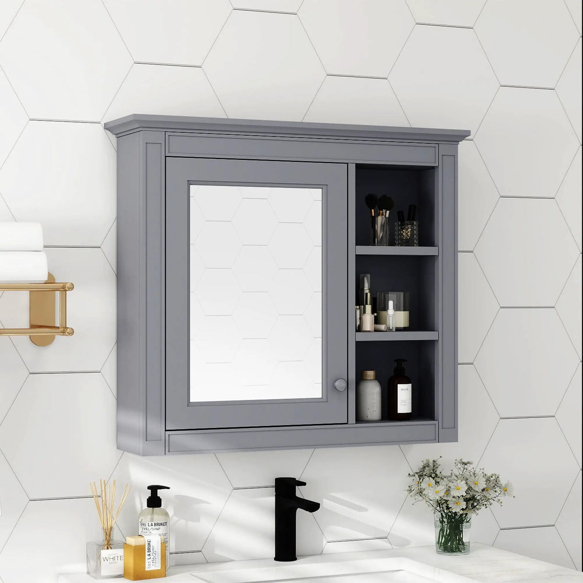 Modern Wall Mounted Medicine Cabinet | 3 Open Shelves | Mirror Door