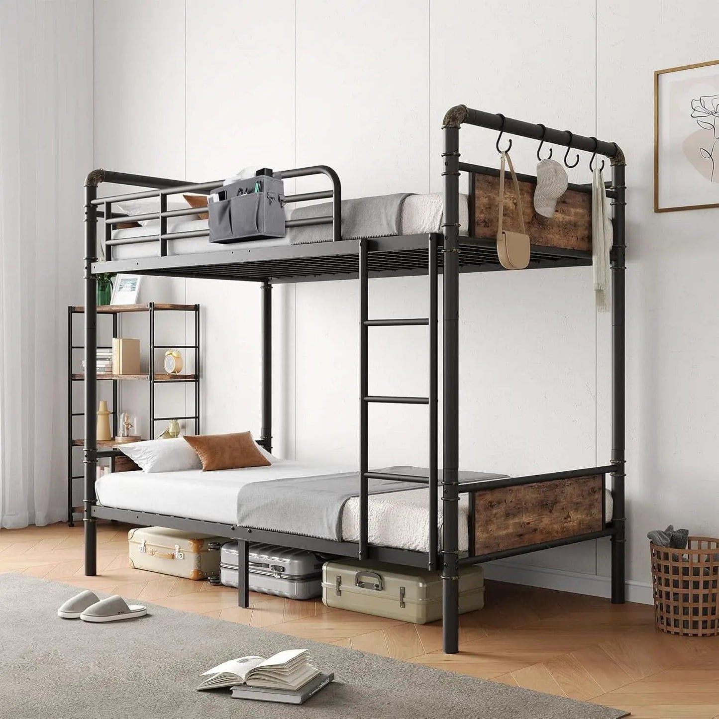 Metal Twin Over Twin Bunk Bed Vintage Brown Safety Rails from PriceLows™