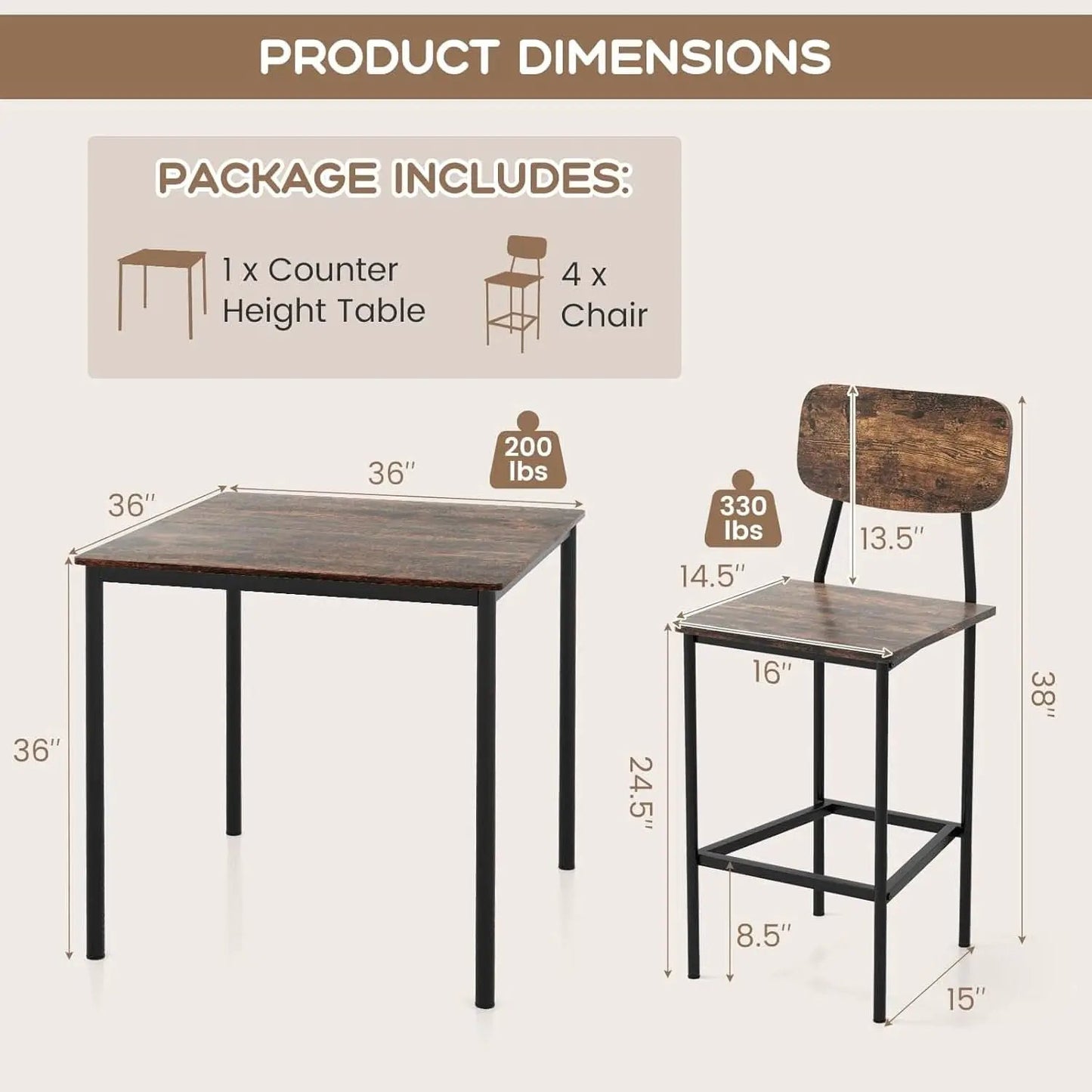 Counter Height Industrial Dining Table Set 36x36 Bar Stools from PriceLows™