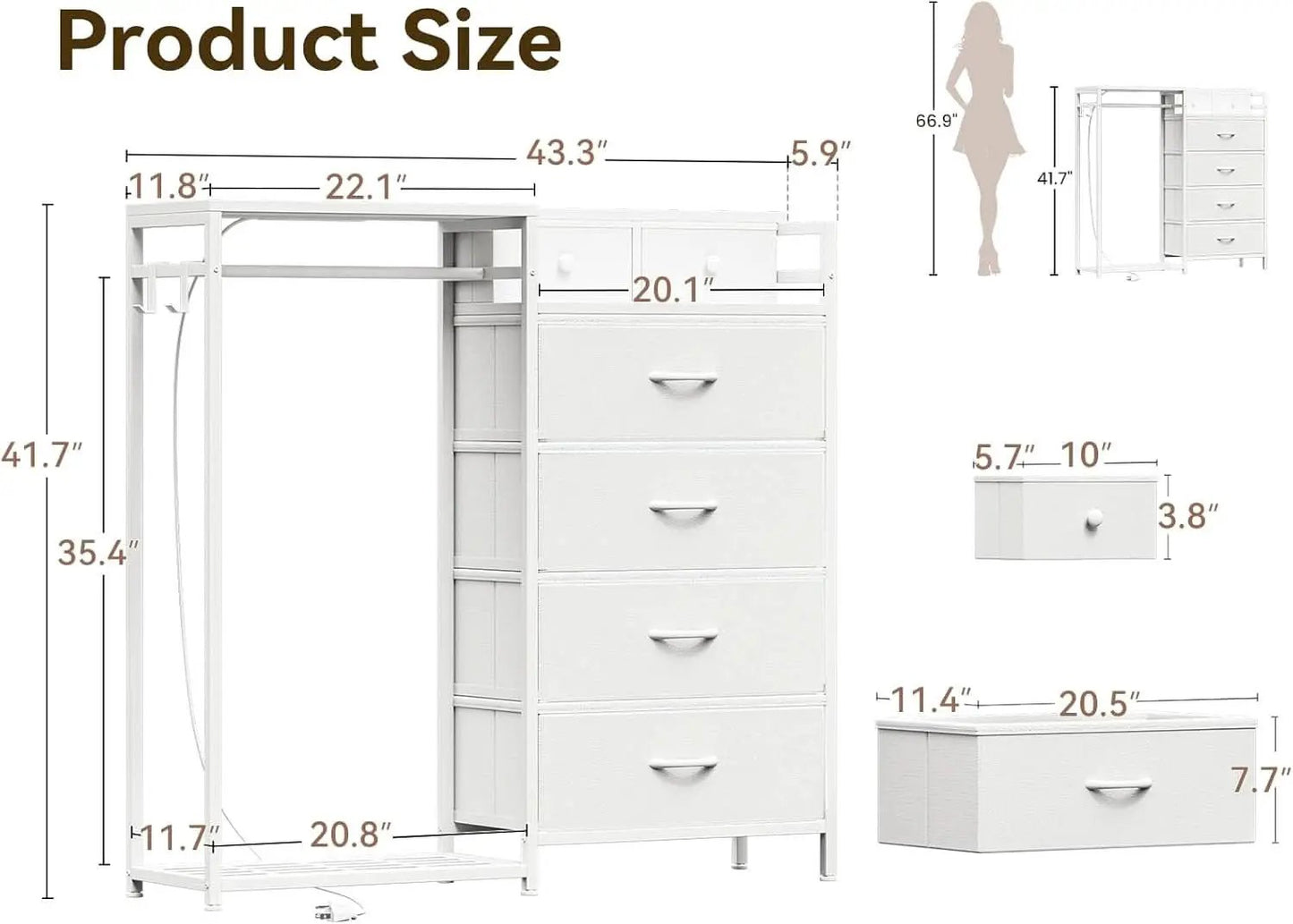 43Inch White Dresser With Hanging Rack AmbientLEDLighting from PriceLows™